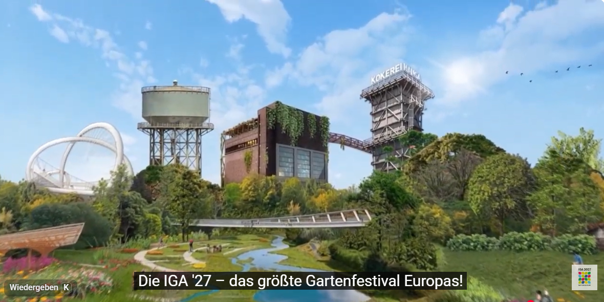 Videostandbild: Visualisierung des IGA-Geländes mit begrüntem Kokereigebäude, Wasserturm und Bachlauf, Untertitel Die IGA '27 – das größte Gartenfestival Europas!