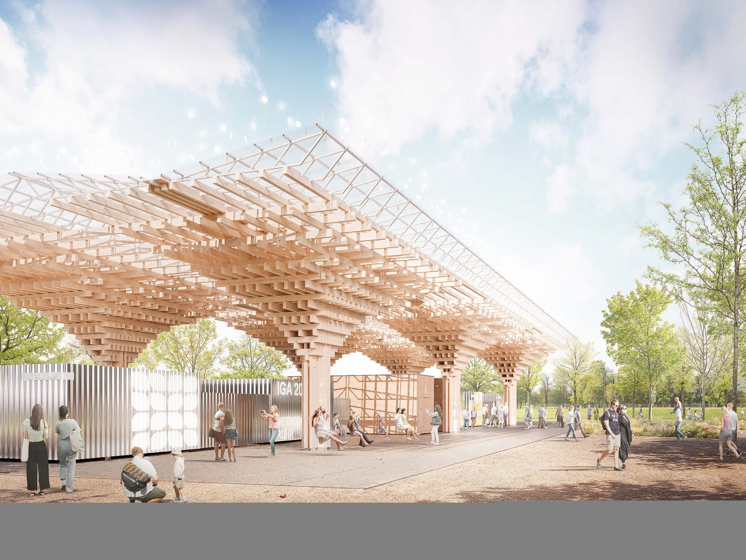 Eine Architekturzeichnung zeigt den fertiggestellten Holzpavillon. Unter dem Pavillon halten sich Menschen auf, umgeben von grünen Bäumen und verschiedenen Sitzmöglichkeiten.