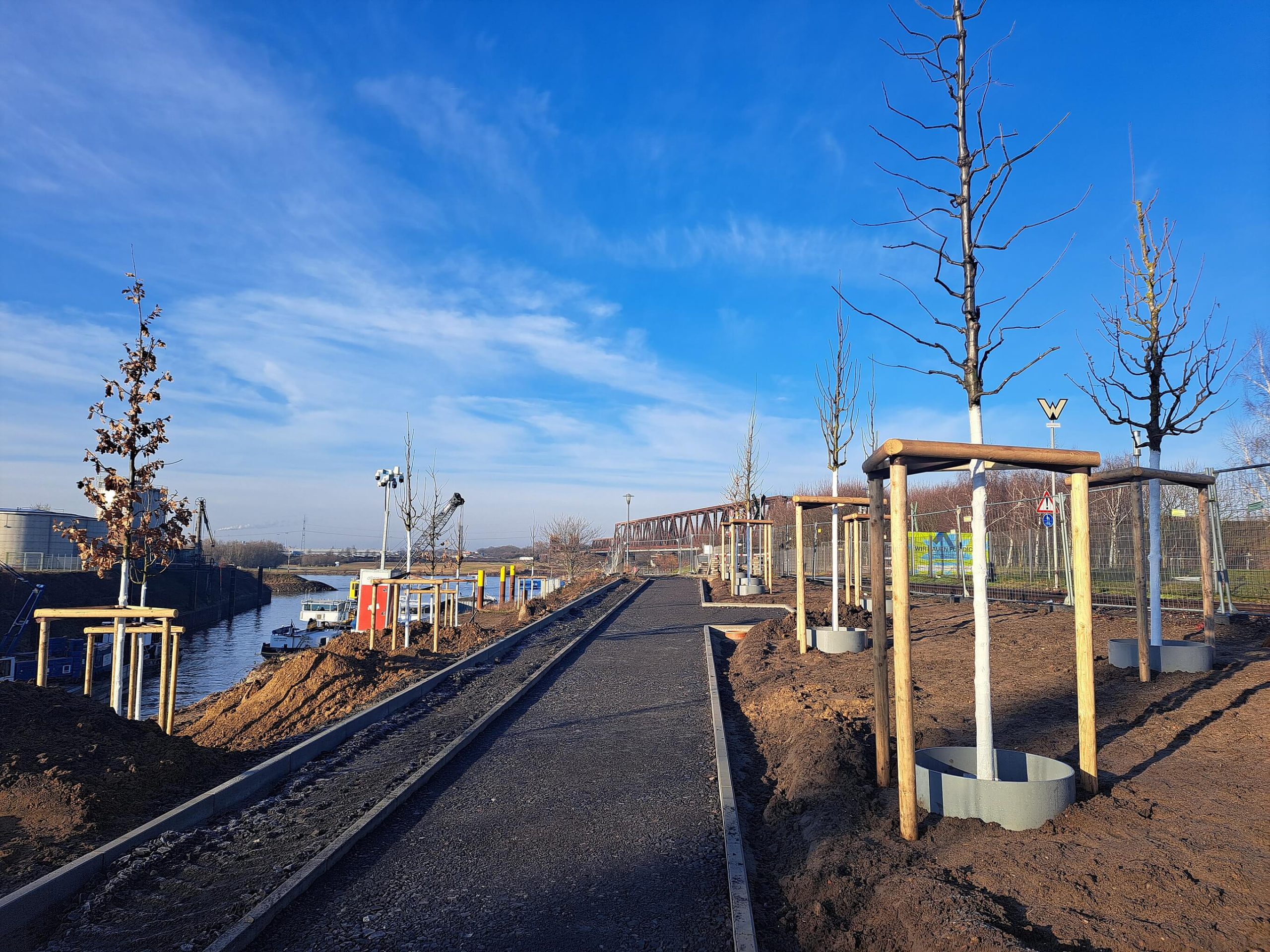 Neue Wegeführung am Kultushafen: frisch asphaltierter Weg zwischen gepflanzten Bäumen mit Holzstützen, links das Hafenbecken.
