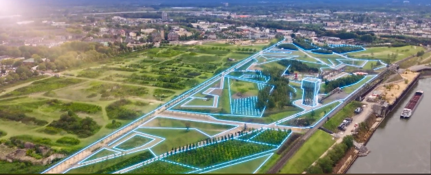 Eine futuristische Darstellung des RheinParks aus der Luft. Leuchtend blaue Linien markieren die Wege und führen durch das Parkgelände.