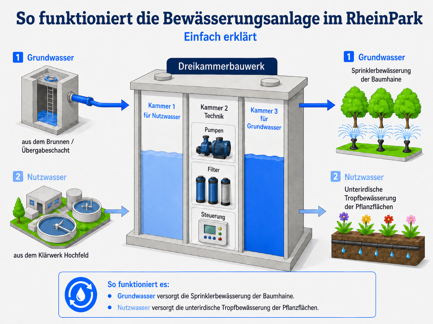 Schematische Darstellung der drei Kammern der Bewässerungsanlage